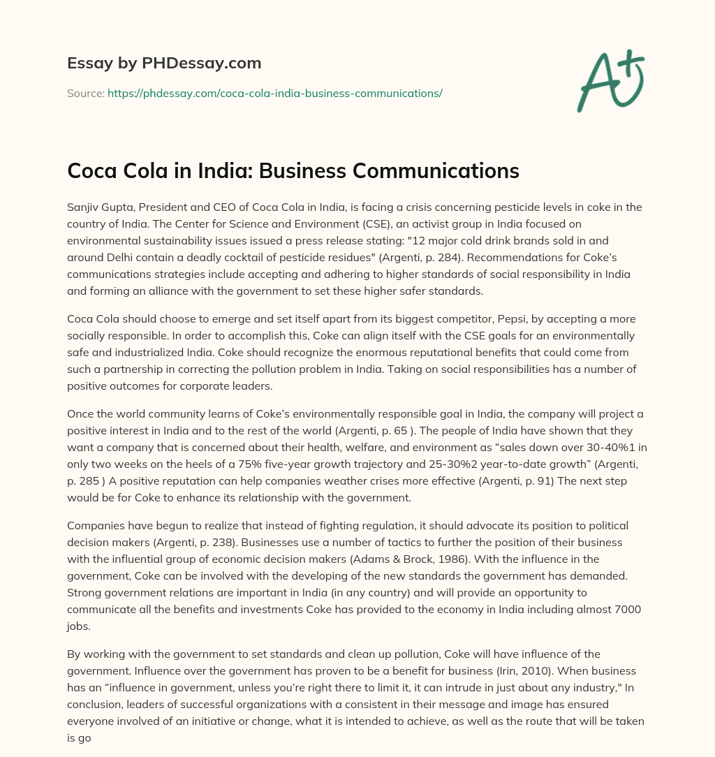 Coca Cola in India: Business Communications essay