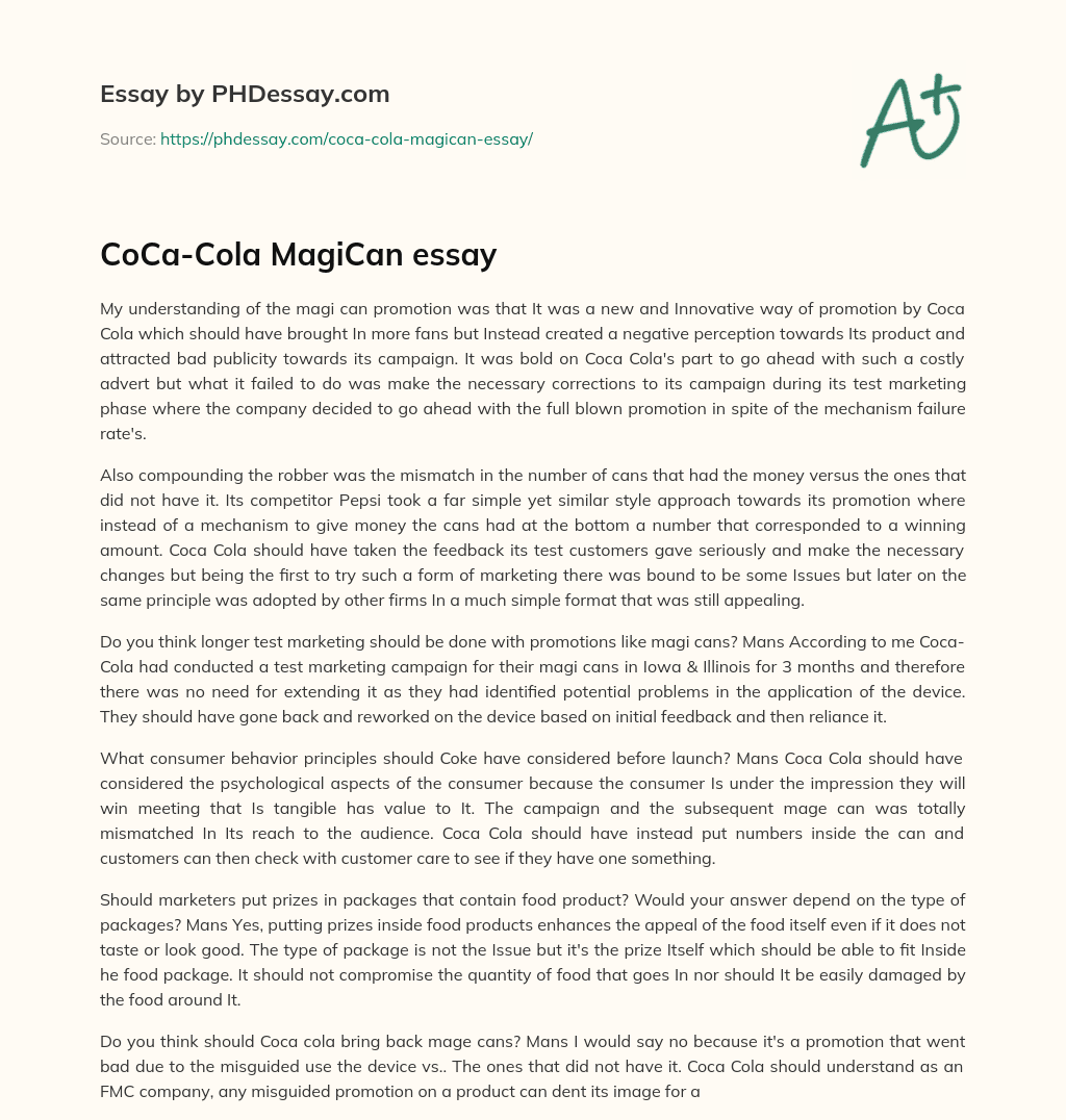 CoCa-Cola MagiCan essay essay