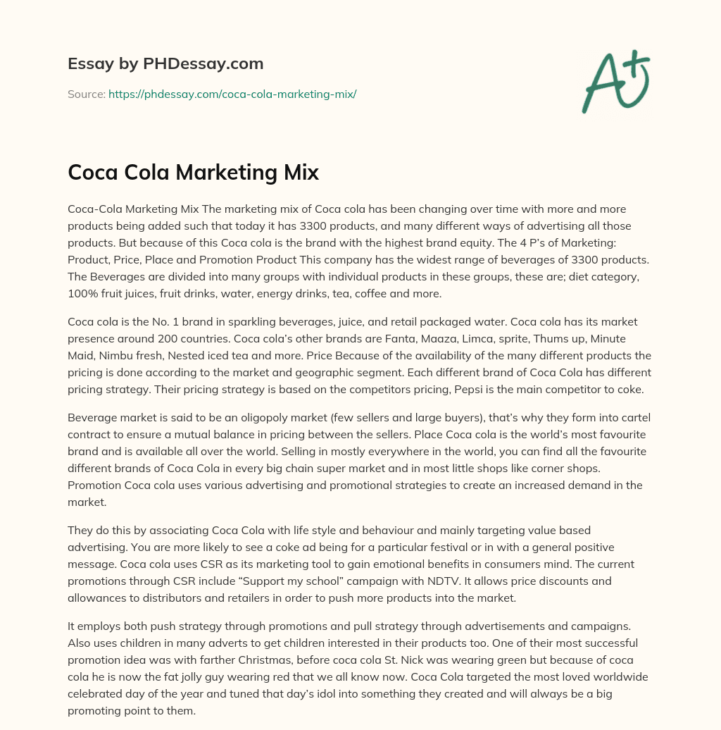 Coca Cola Marketing Mix essay