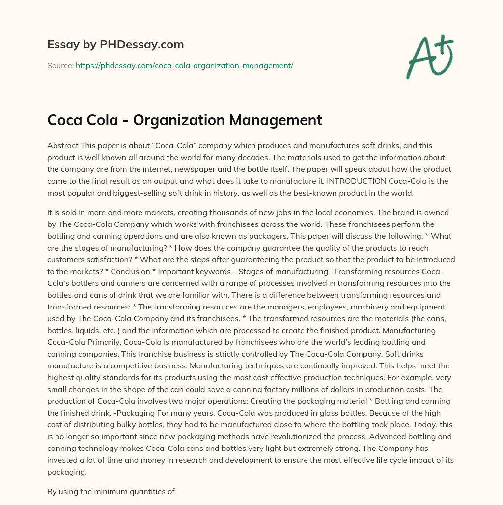 Coca Cola – Organization Management essay