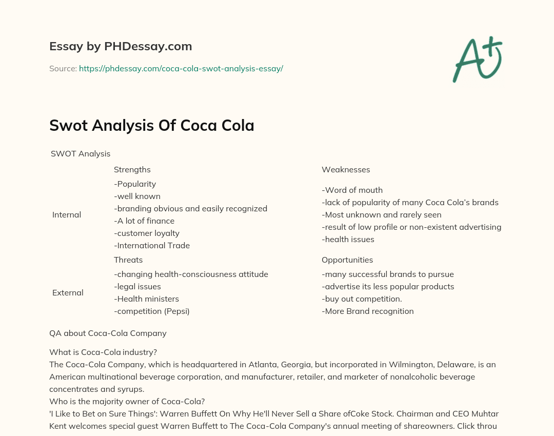 Swot Analysis Of Coca Cola essay