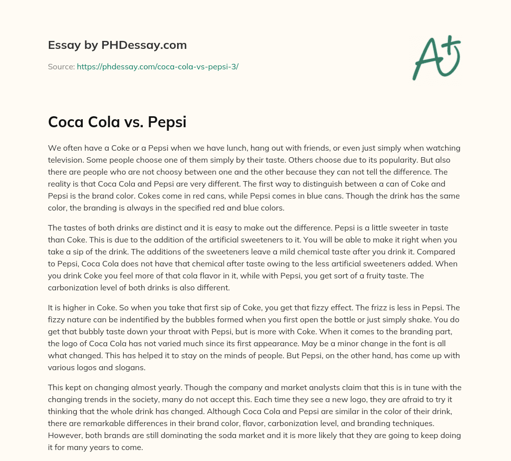 Coca Cola vs. Pepsi essay
