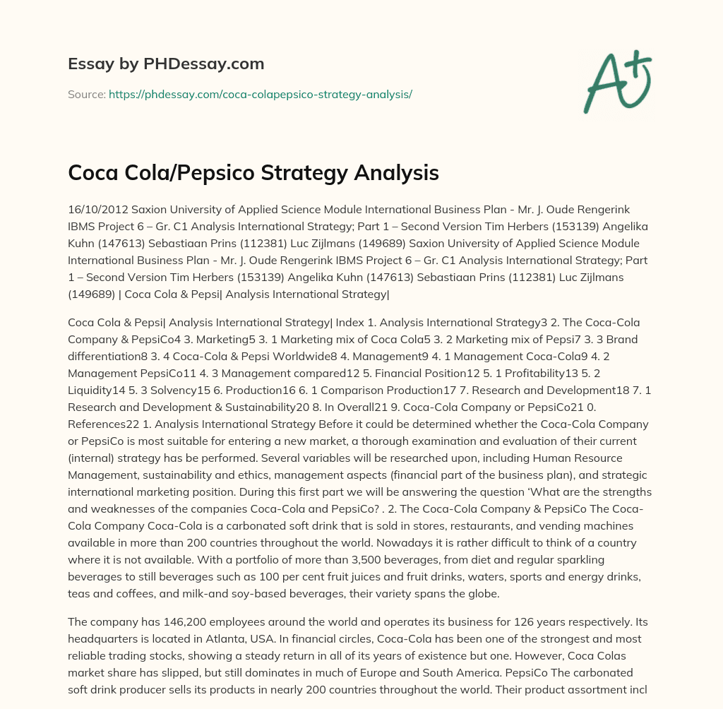 Coca Cola/Pepsico Strategy Analysis essay