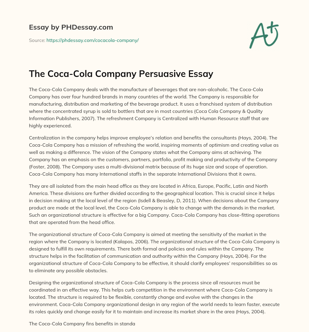 The Coca-Cola Company Persuasive Essay essay