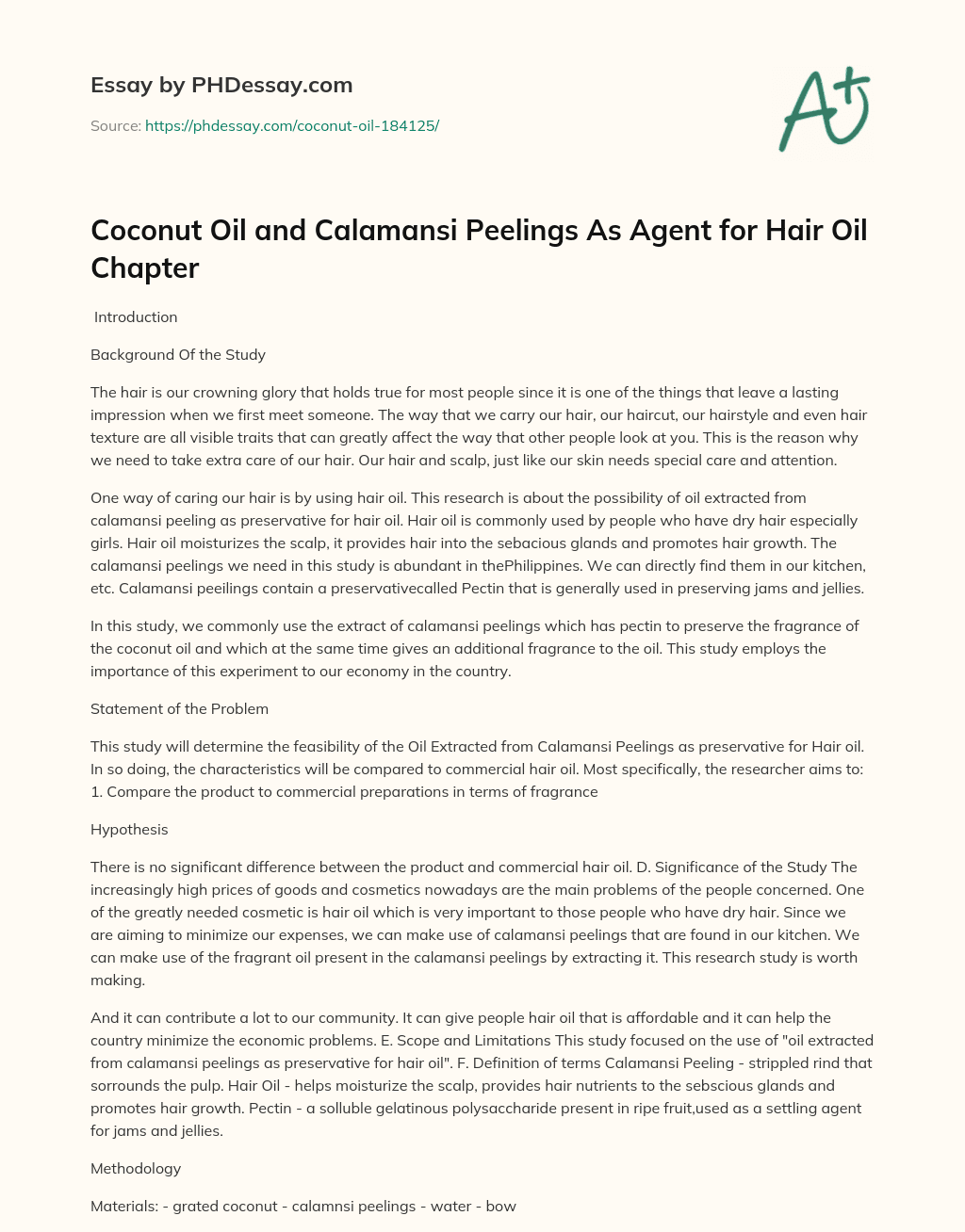 Coconut Oil and Calamansi Peelings As Agent for Hair Oil Chapter essay
