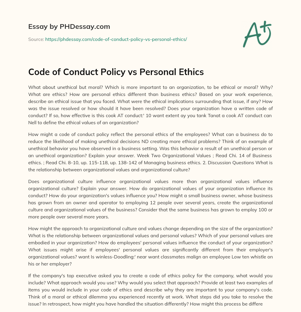 Code of Conduct Policy vs Personal Ethics essay