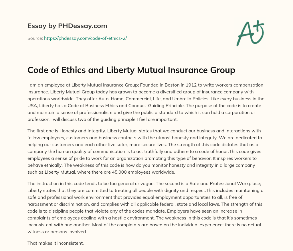 Code of Ethics and Liberty Mutual Insurance Group essay