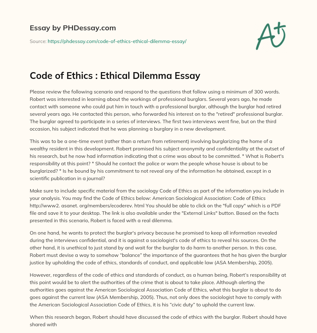 Code of Ethics : Ethical Dilemma Essay essay