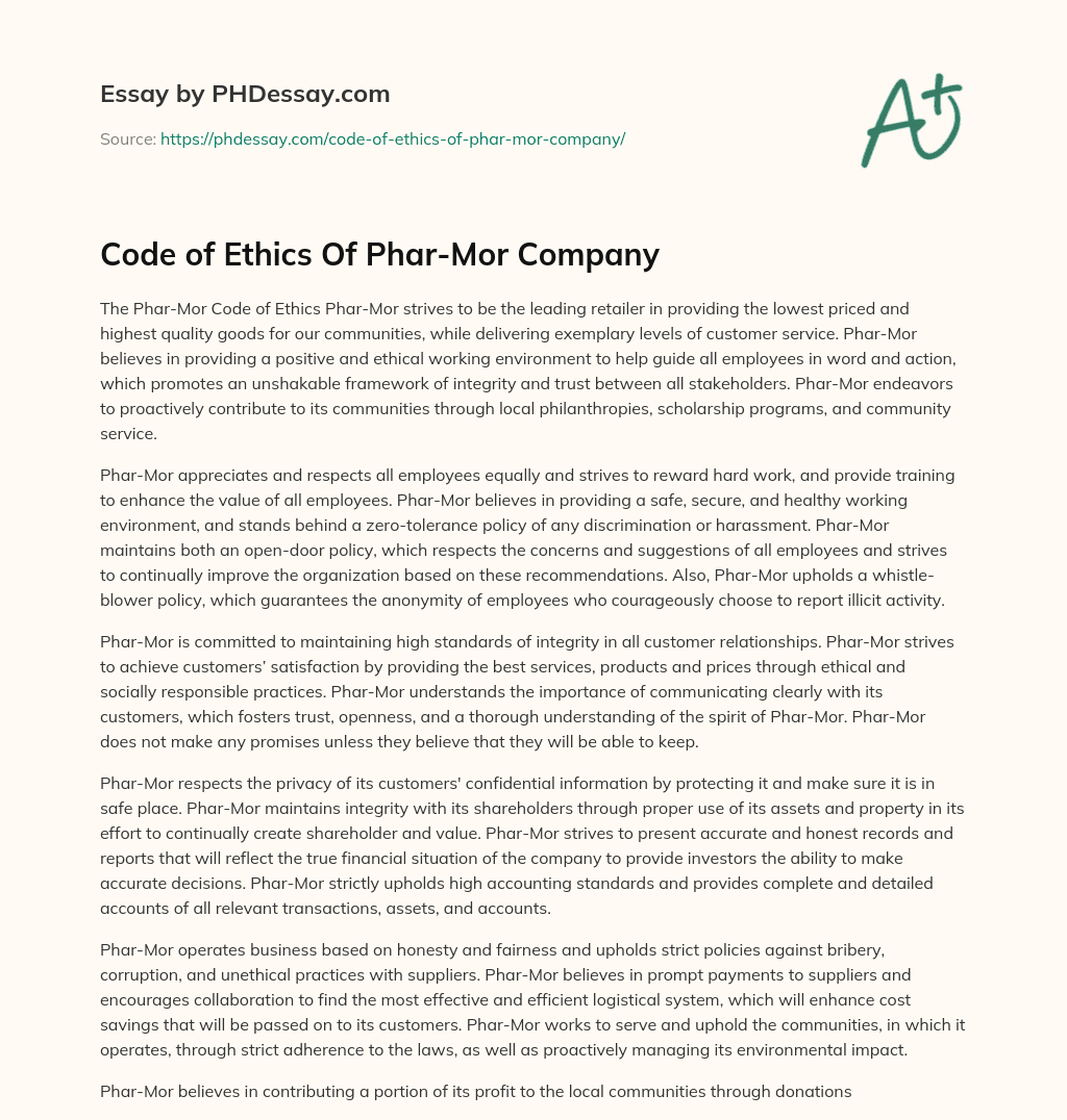 Code of Ethics Of Phar-Mor Company essay
