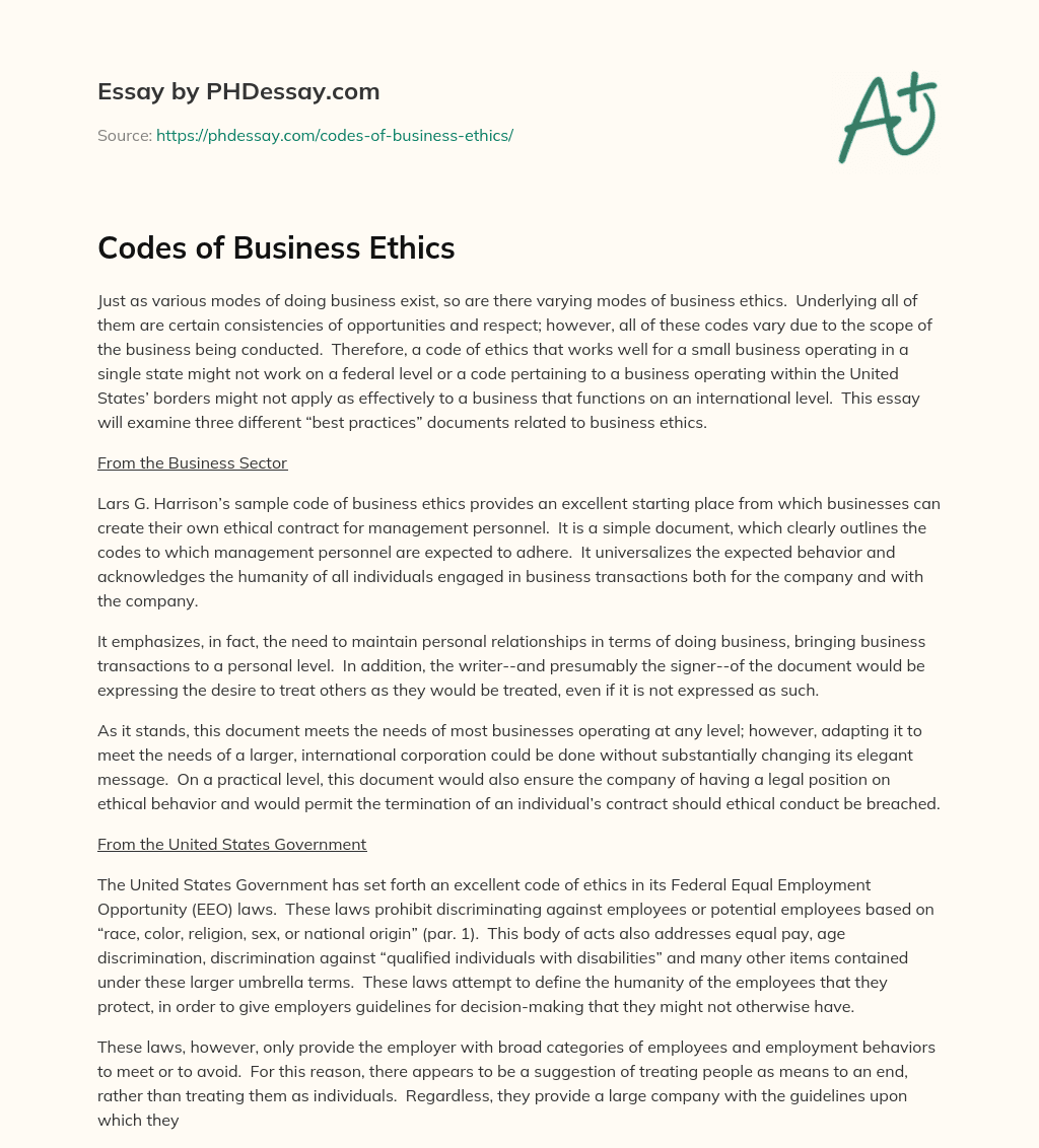 Codes of Business Ethics essay