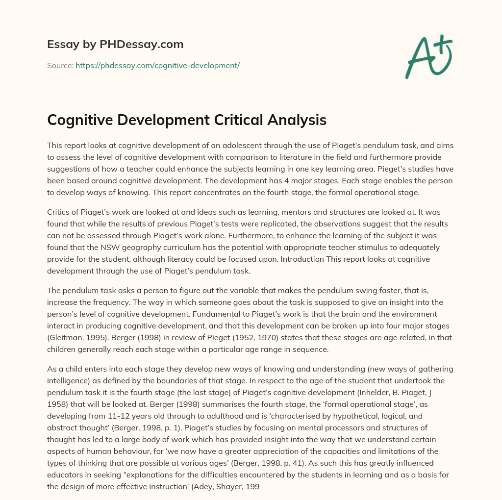Cognitive Development Critical Analysis essay