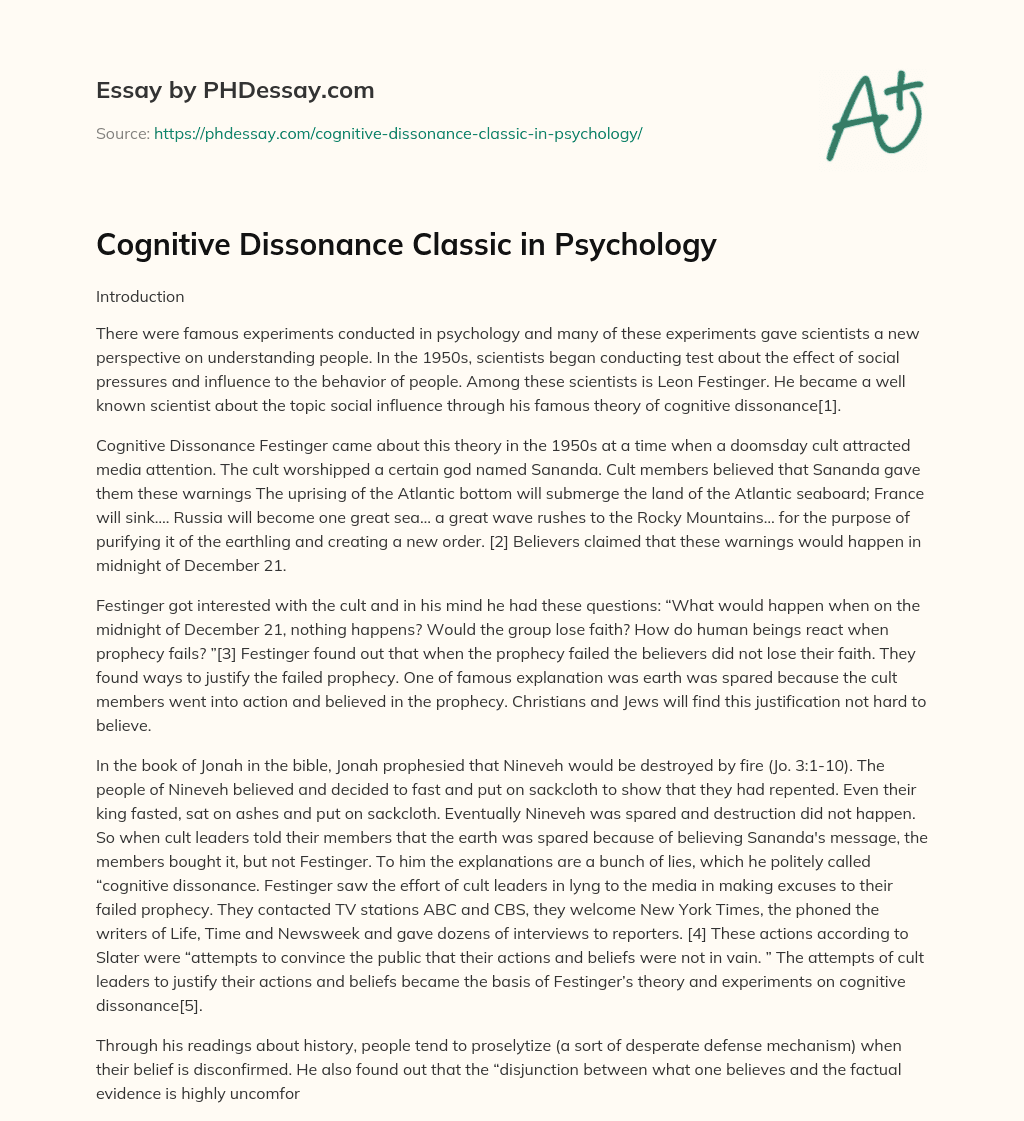 Cognitive Dissonance Classic in Psychology essay