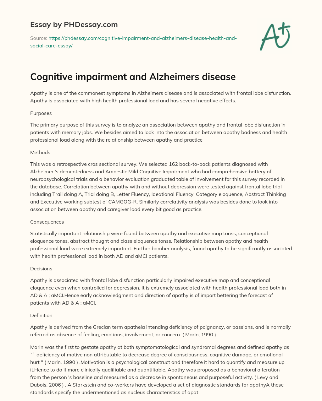 Cognitive impairment and Alzheimers disease essay