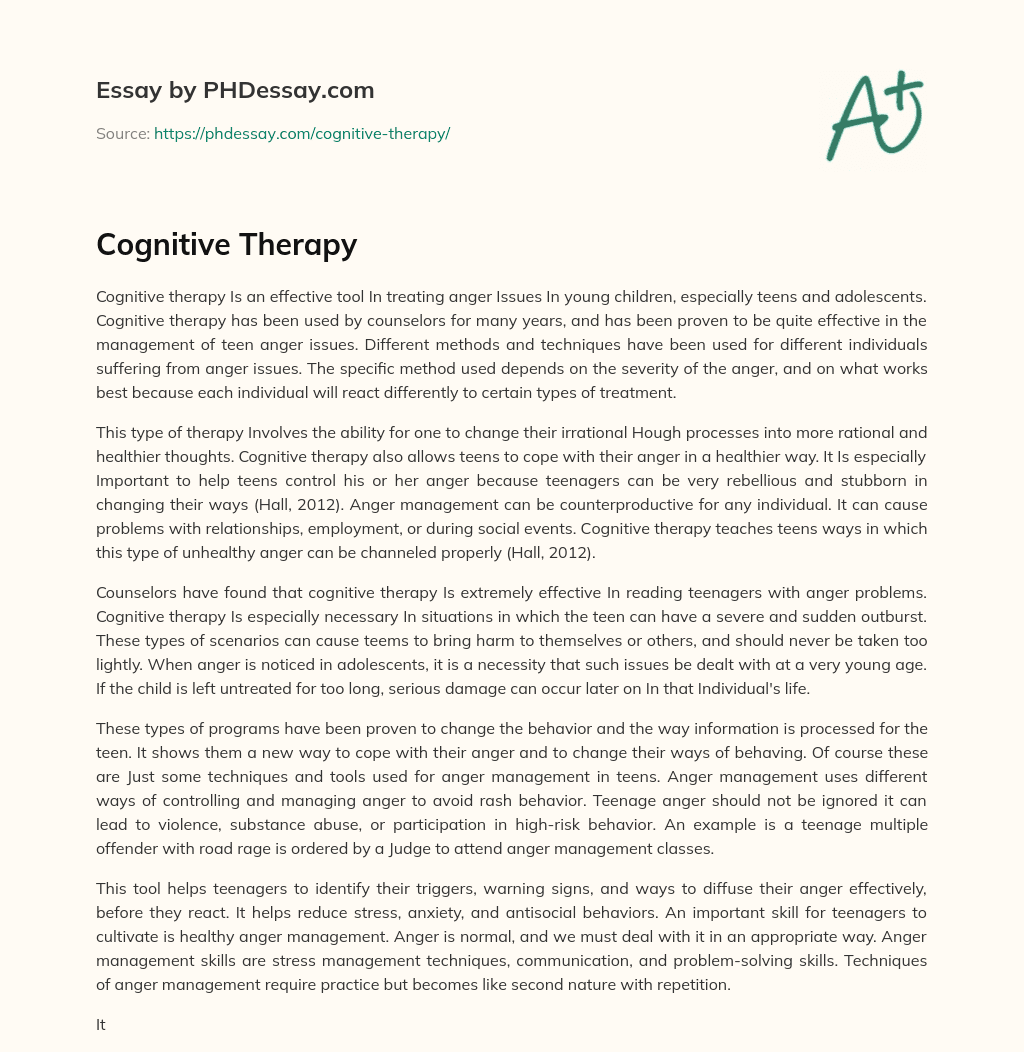 Cognitive Therapy for Treating Anger Issues in Teens and Adolescents essay