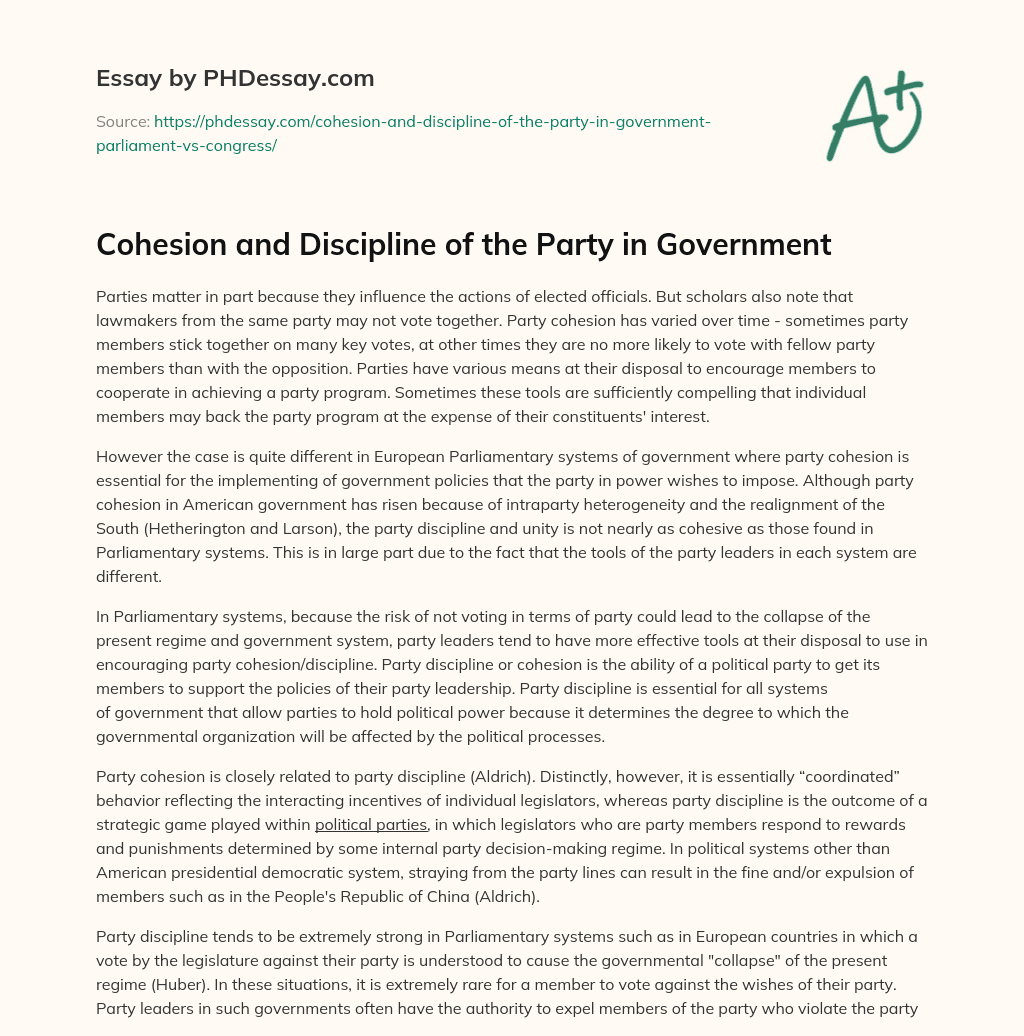 Cohesion and Discipline of the Party in Government essay