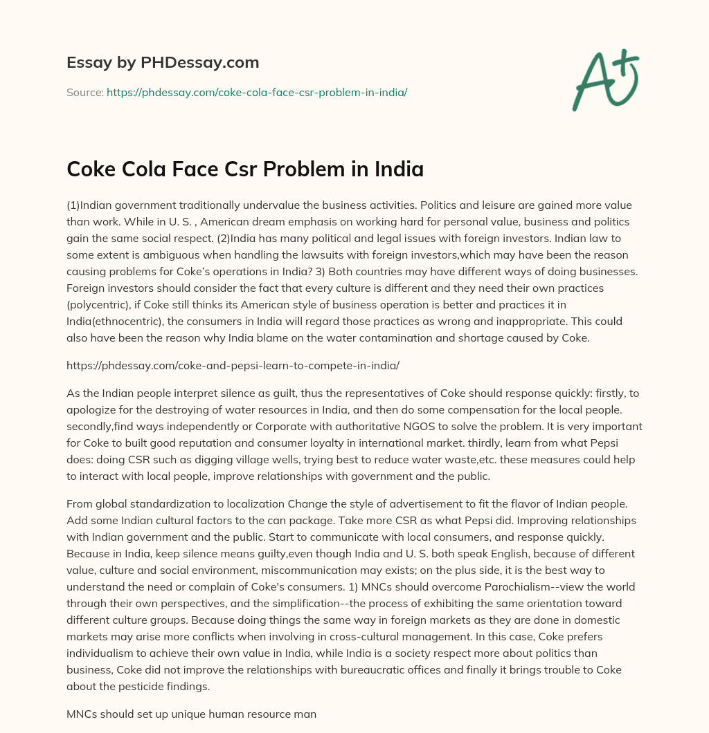 Coke Cola Face Csr Problem in India essay