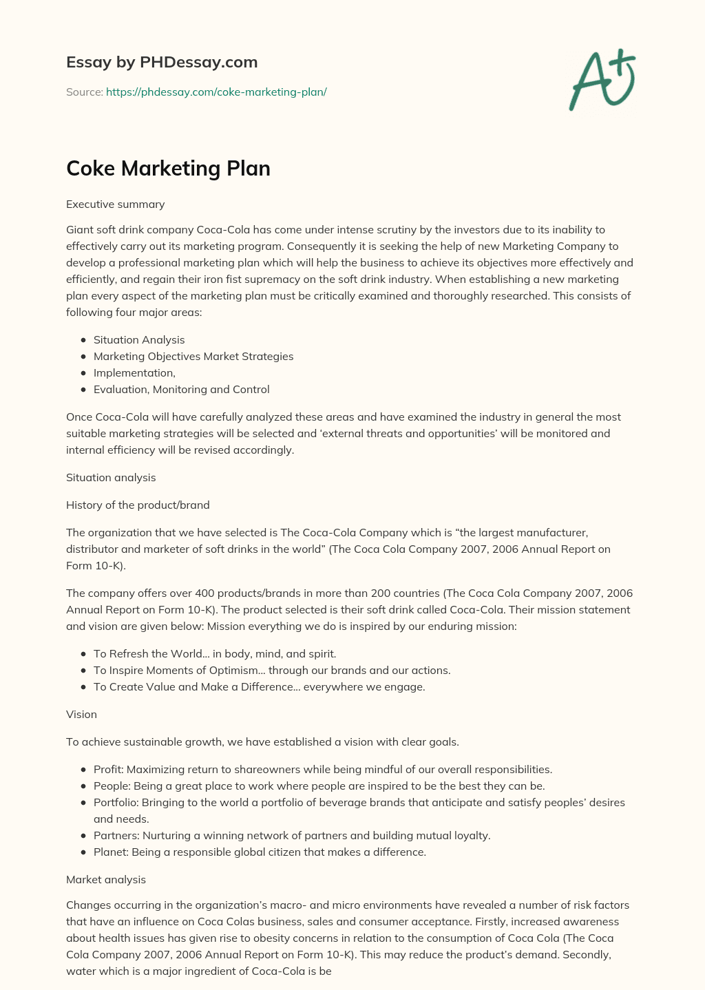 Coke Marketing Plan essay
