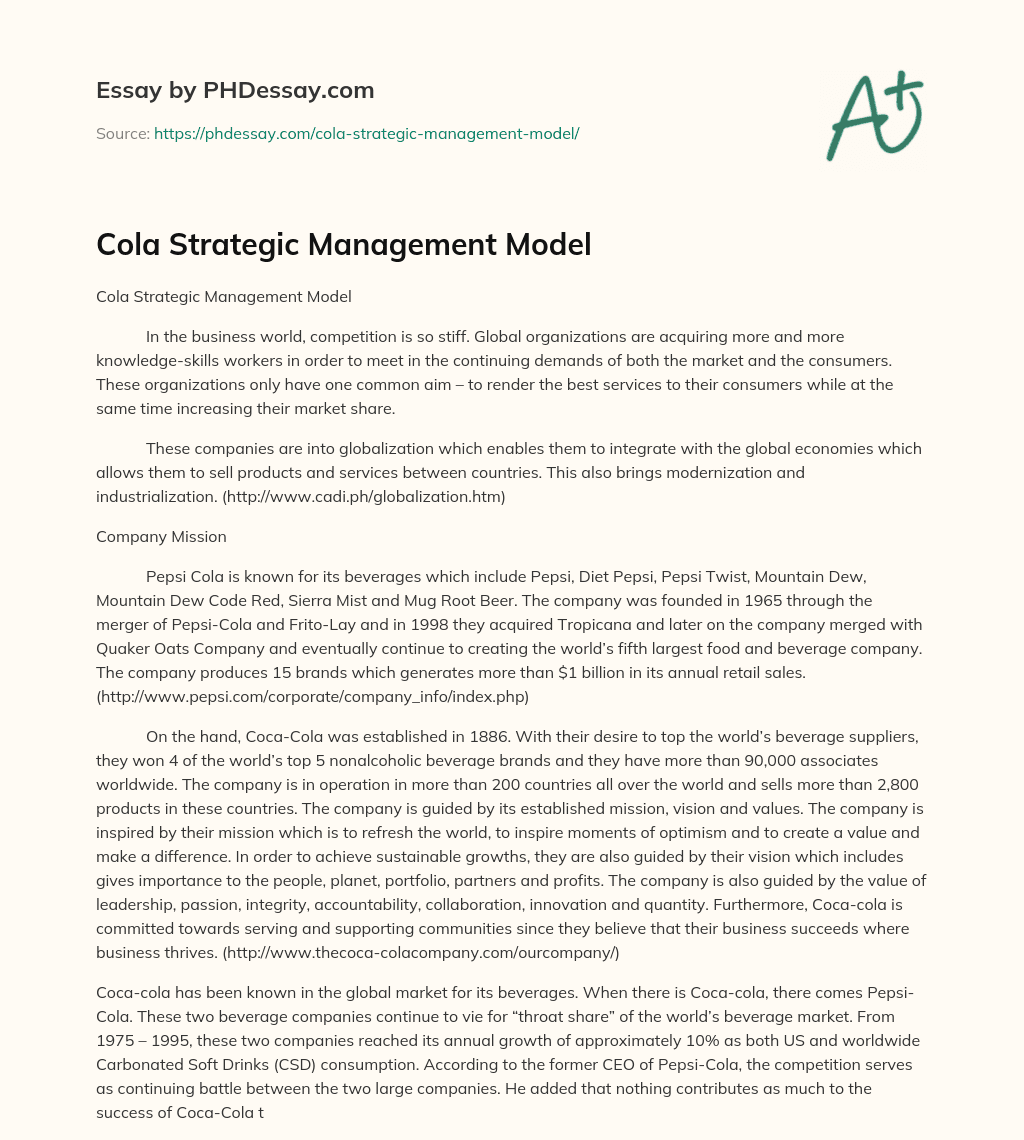 Cola Strategic Management Model essay