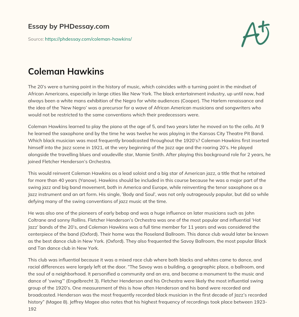 Coleman Hawkins essay