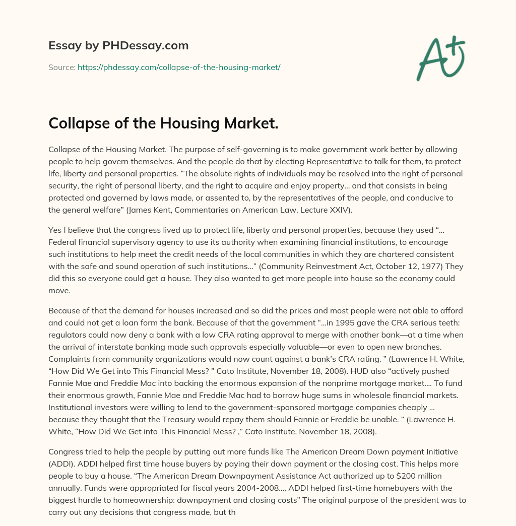 Collapse of the Housing Market. essay
