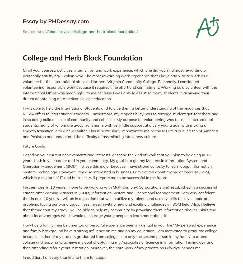 College and Herb Block Foundation essay