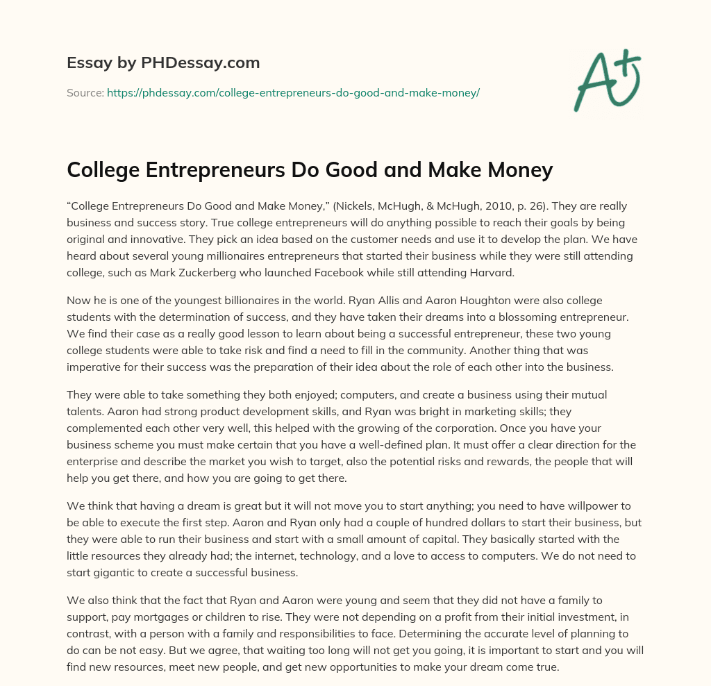 College Entrepreneurs Do Good and Make Money essay
