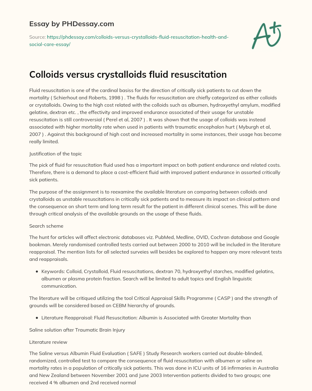 Colloids versus crystalloids fluid resuscitation