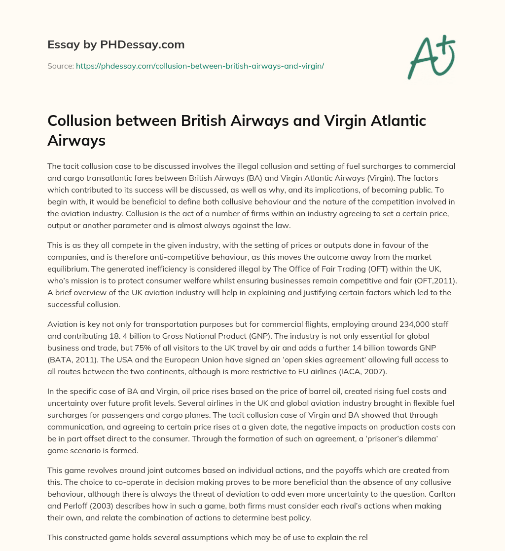 Collusion between British Airways and Virgin Atlantic Airways essay