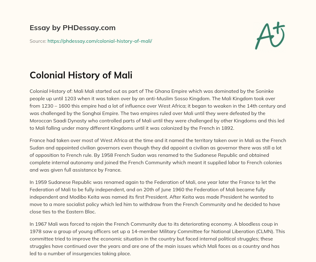 Colonial History of Mali essay