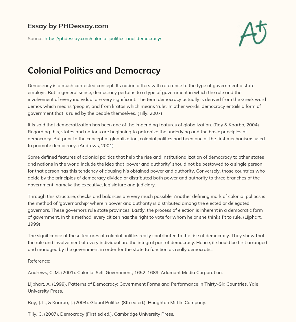 Colonial Politics and Democracy (400 Words) - PHDessay.com