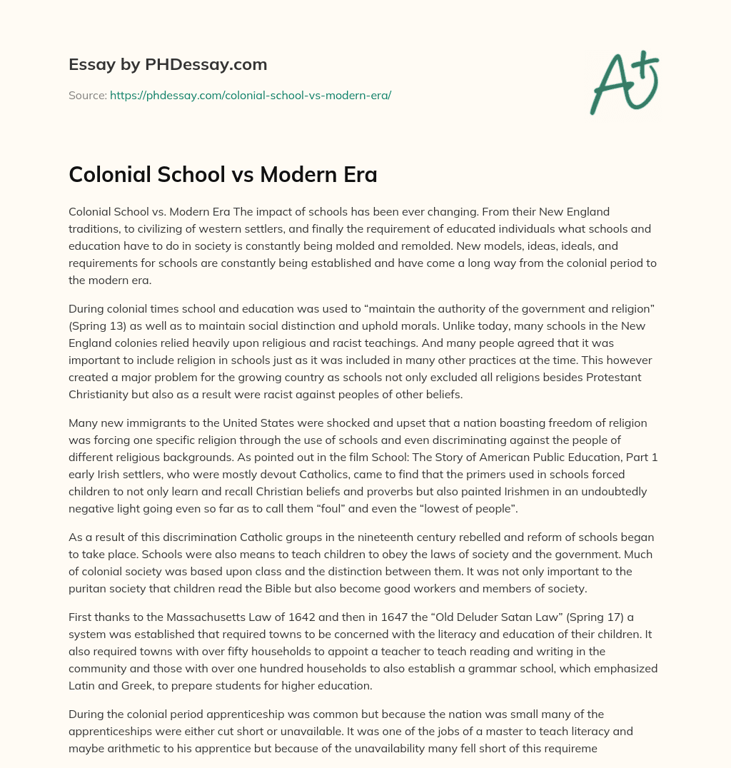 Colonial School vs Modern Era essay