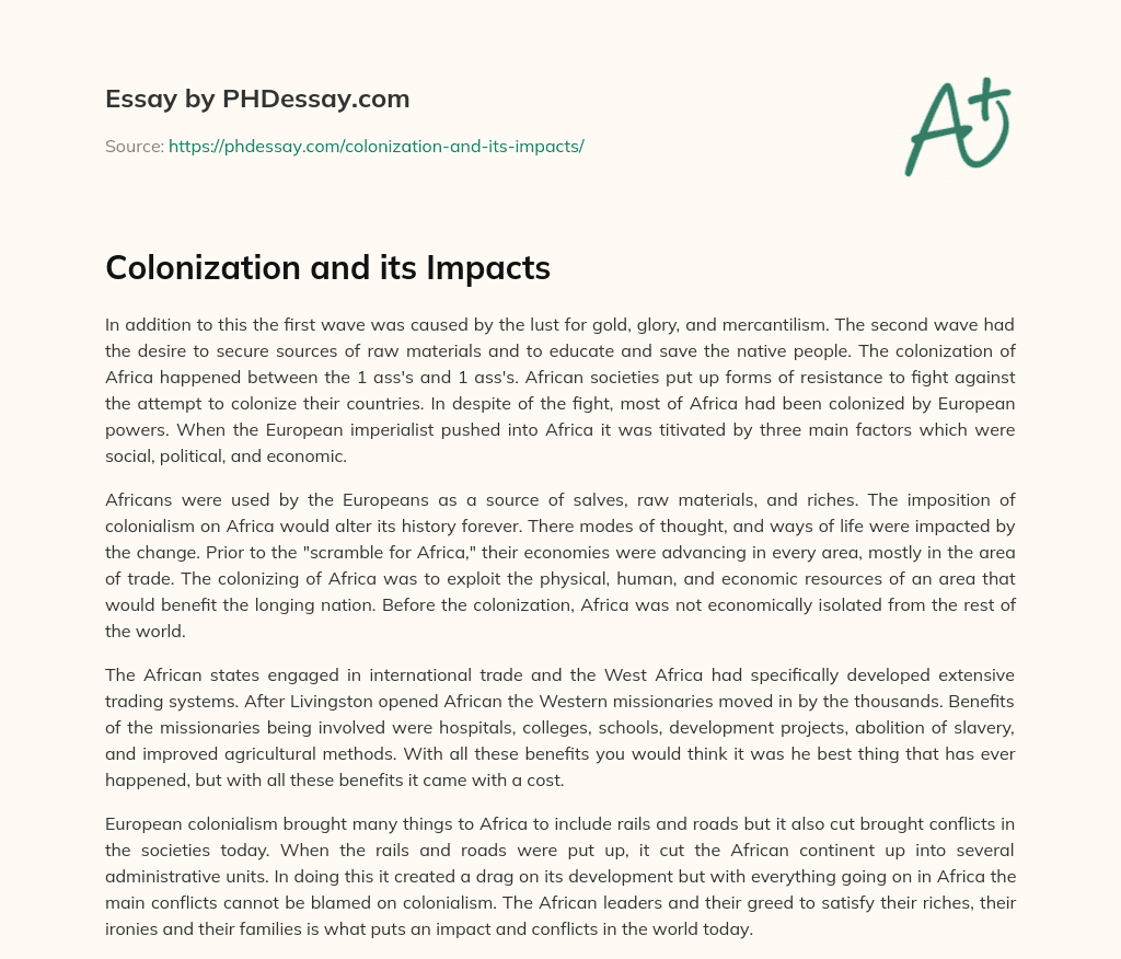 Colonization and its Impacts essay