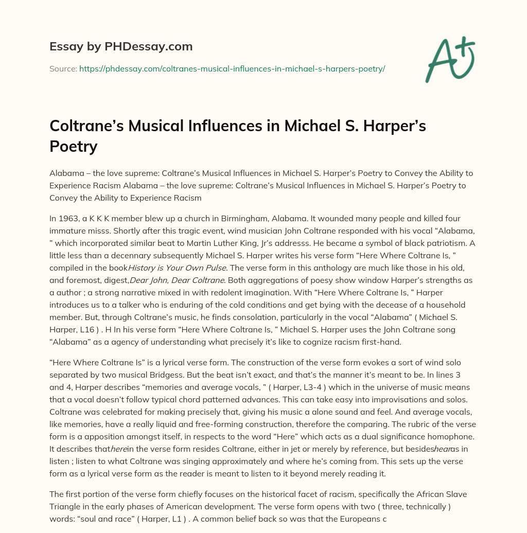 Coltrane’s Musical Influences in Michael S. Harper’s Poetry essay