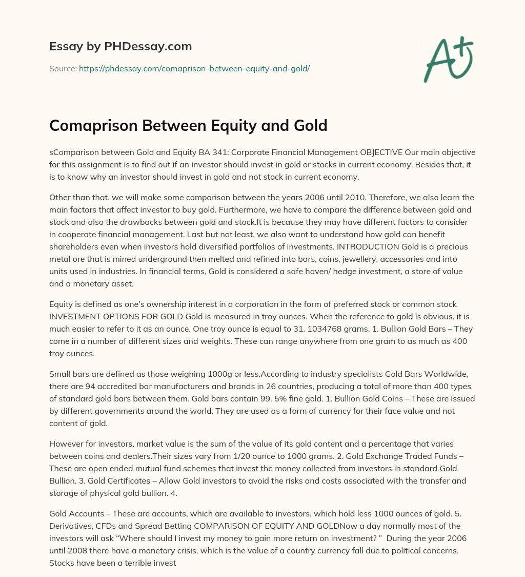Comaprison Between Equity and Gold essay