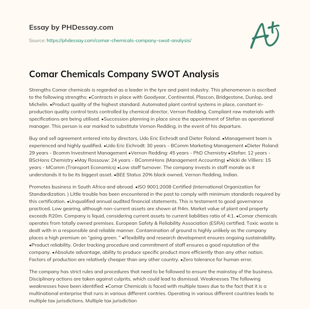 Comar Chemicals Company SWOT Analysis essay