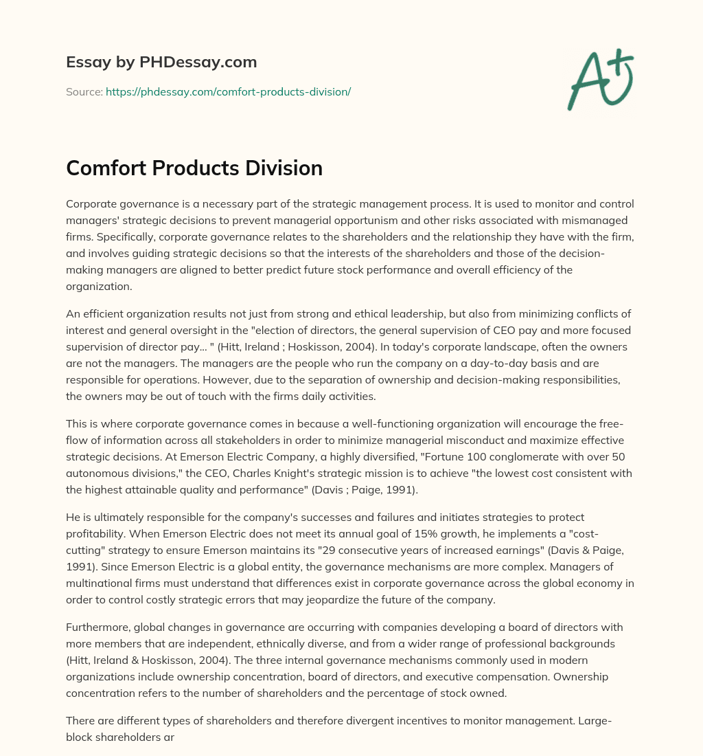 Comfort Products Division essay