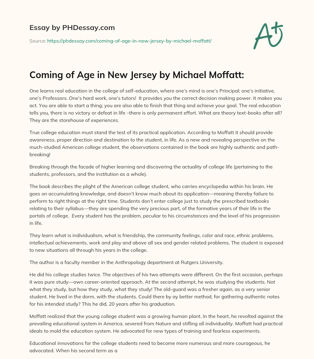 Coming of Age in New Jersey by Michael Moffatt: essay