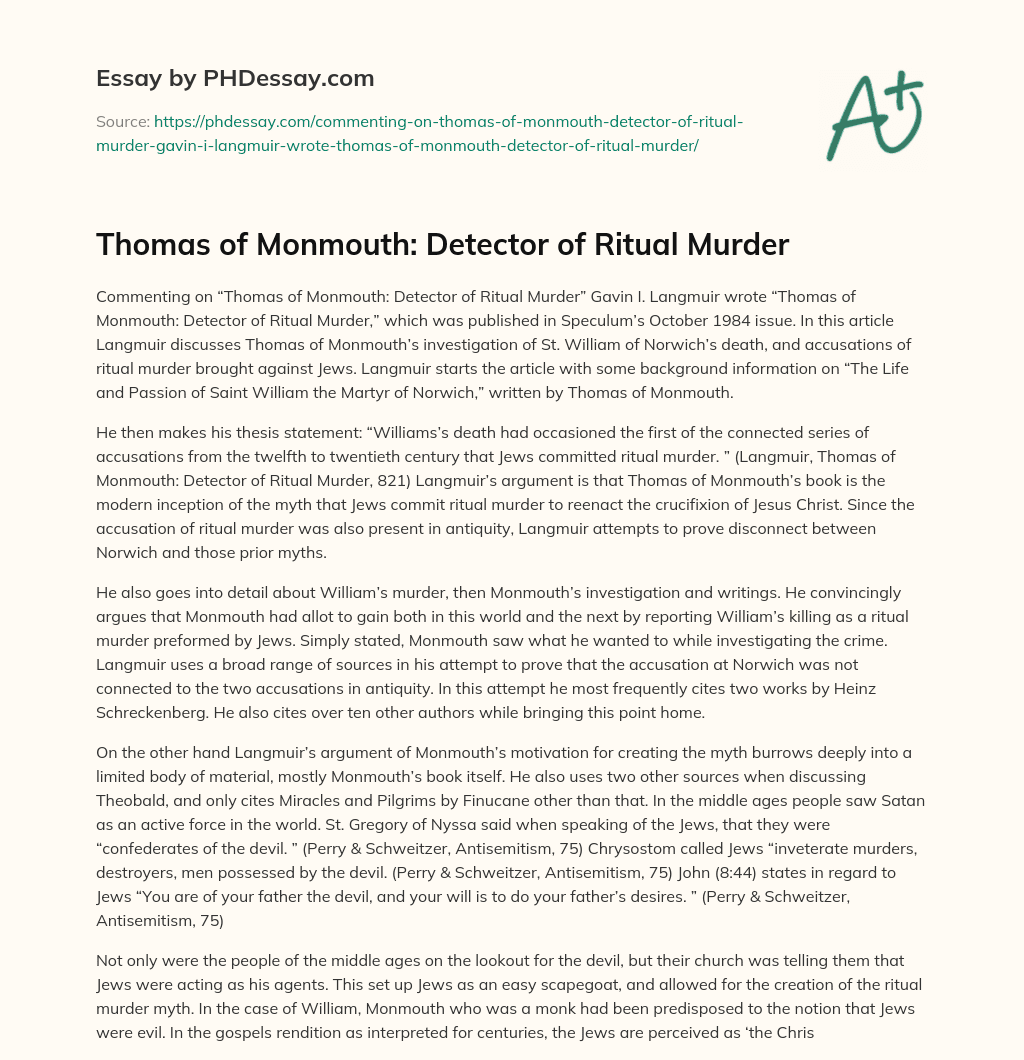Thomas of Monmouth: Detector of Ritual Murder essay