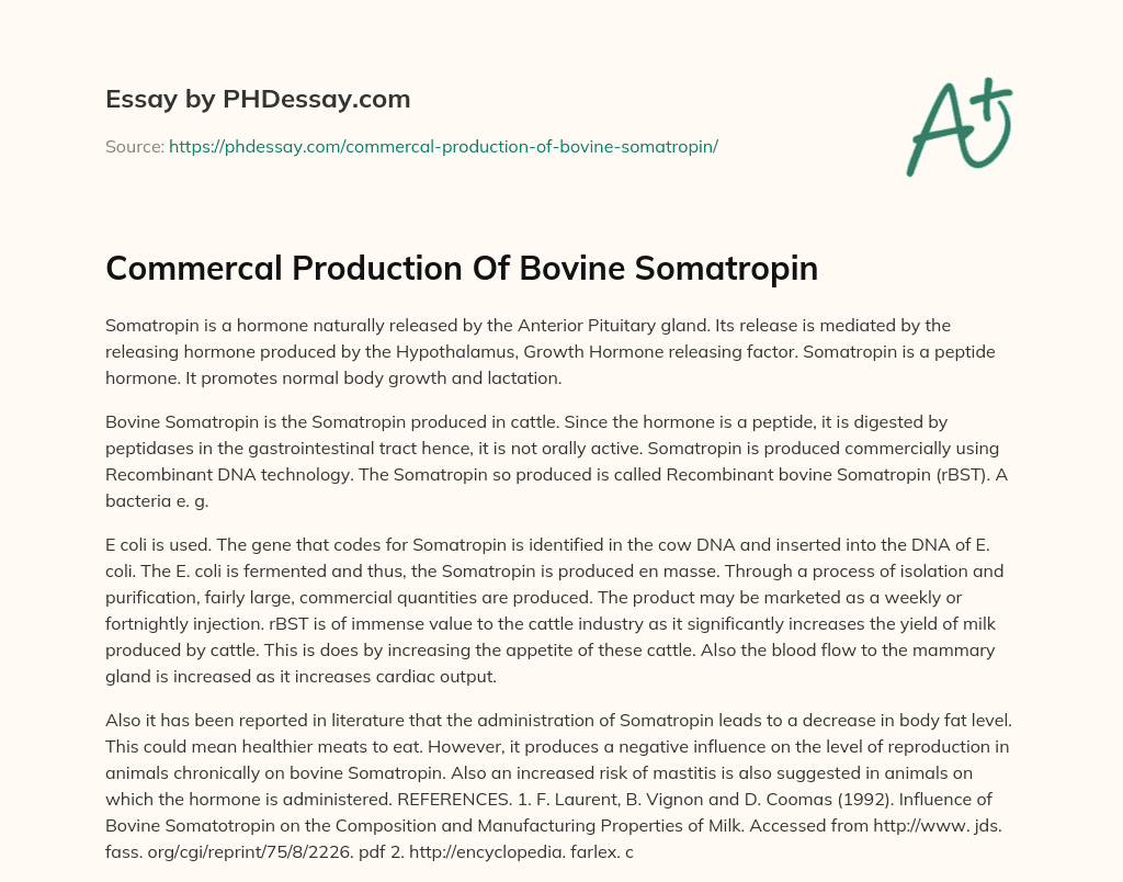 Commercal Production Of Bovine Somatropin essay