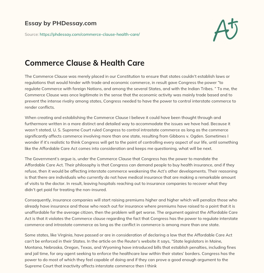 Commerce Clause & Health Care essay