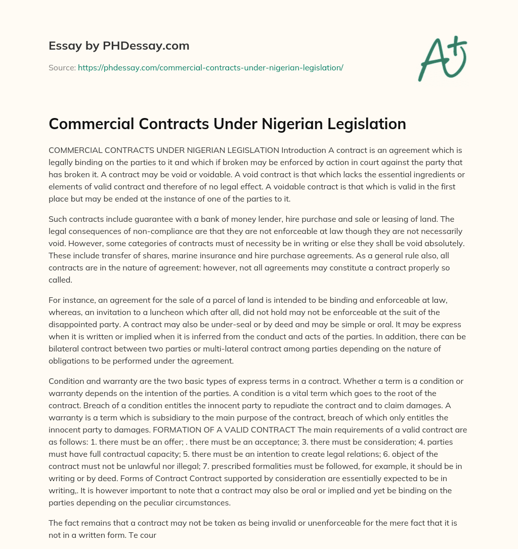 Commercial Contracts Under Nigerian Legislation essay