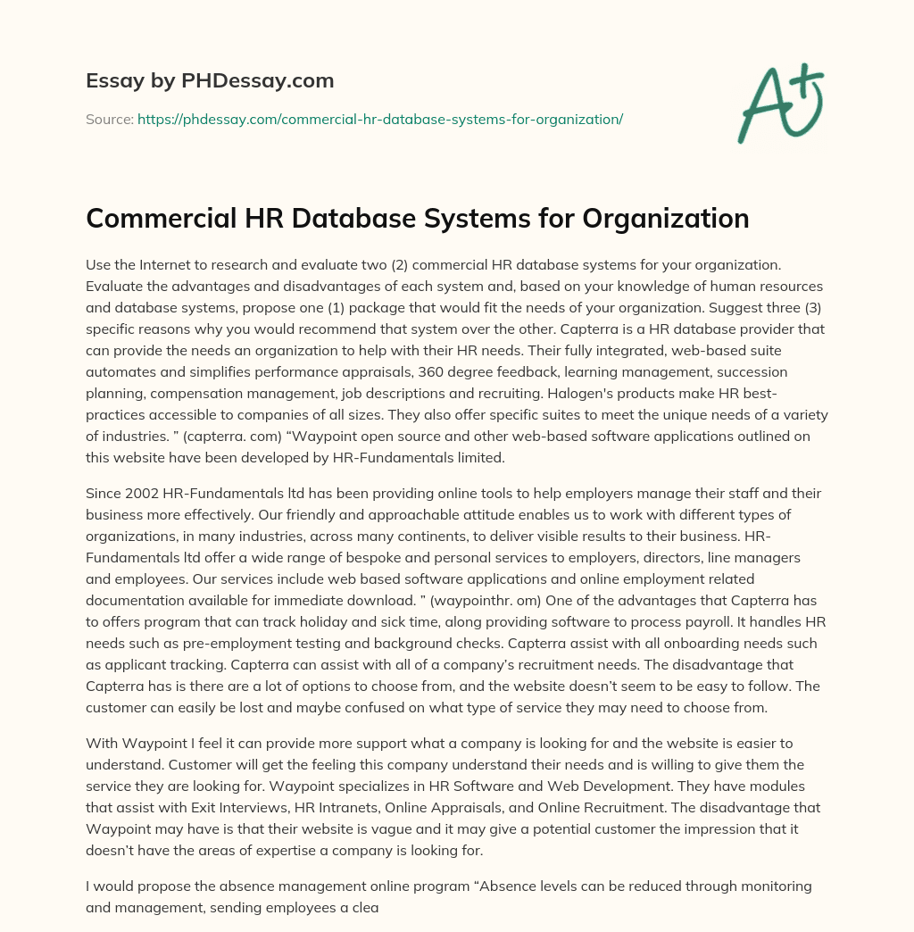 Commercial HR Database Systems for Organization essay