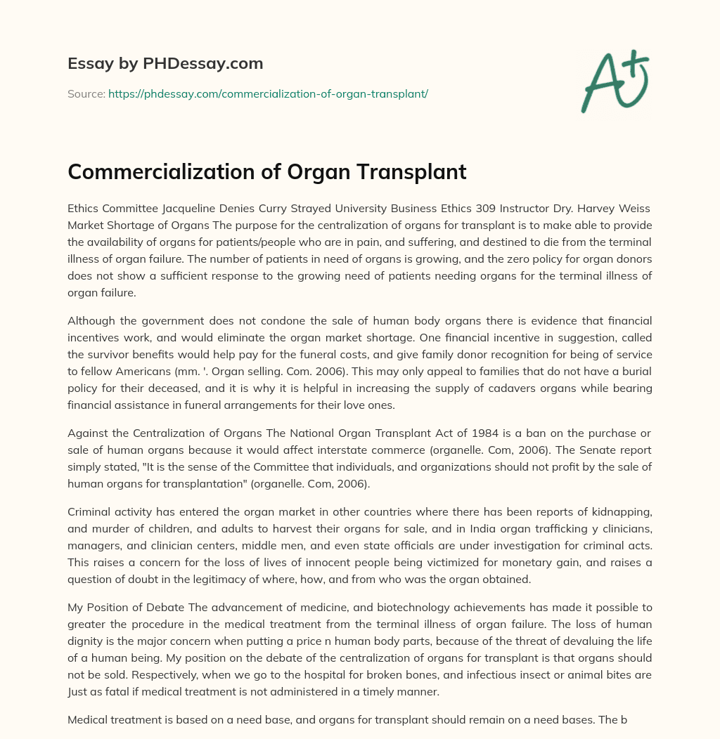 Commercialization of Organ Transplant essay