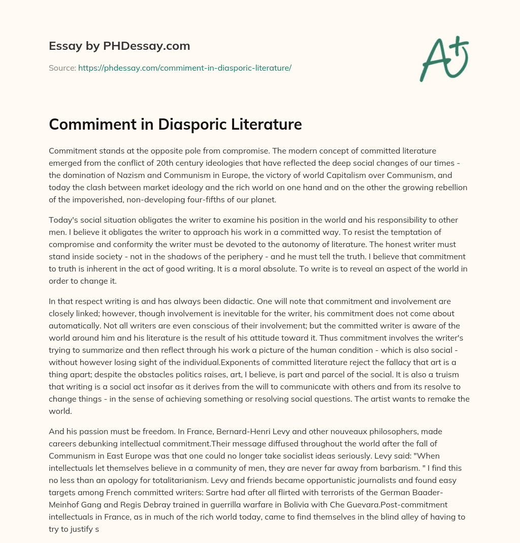 Commiment in Diasporic Literature essay