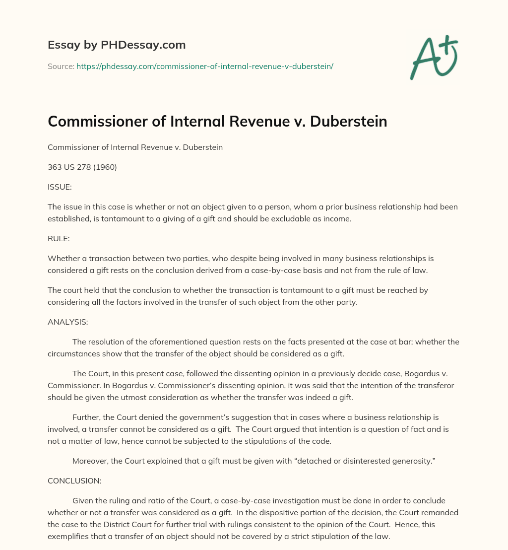 Commissioner of Internal Revenue v. Duberstein essay