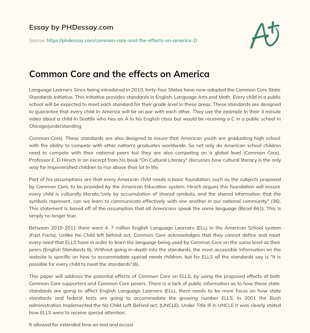 Common Core and the effects on America essay
