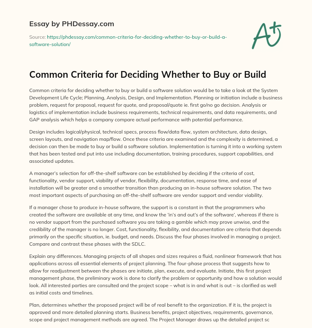 Common Criteria for Deciding Whether to Buy or Build essay