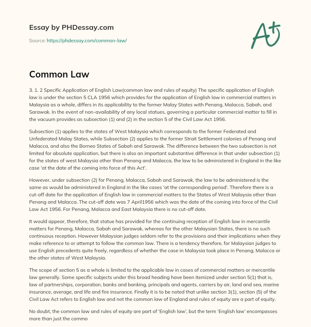 Specific Application of English Law in Malaysia’s Commercial Matters essay