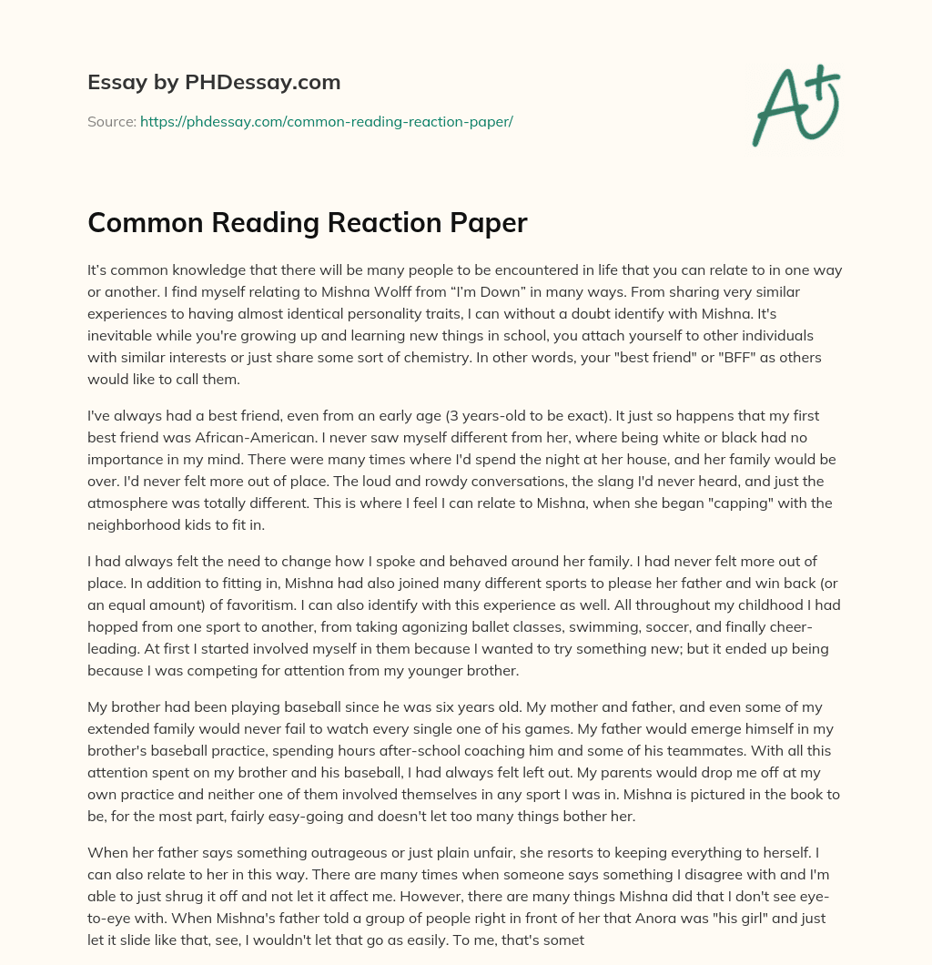Common Reading Reaction Paper essay