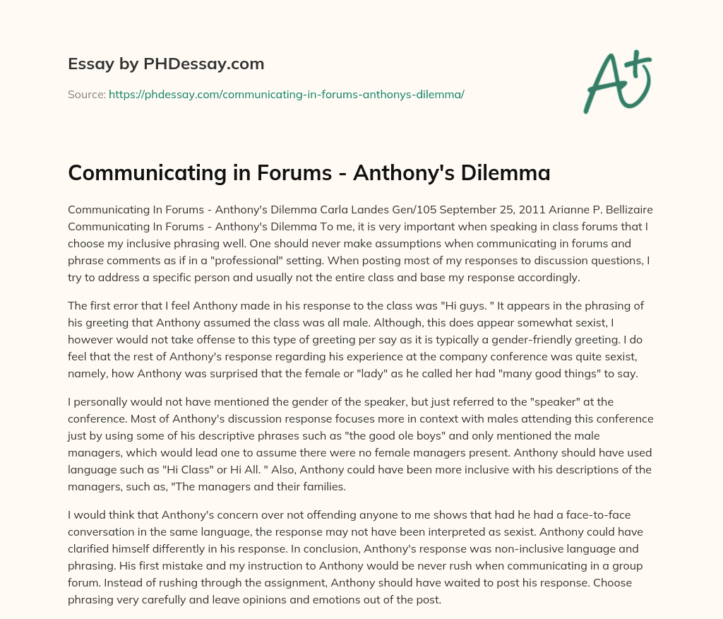 Communicating in Forums – Anthony’s Dilemma essay